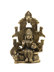 lady radha wife of lord krishna sitting on a peacock throne, brass idol isolated in a white background