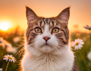 Naklejka na ściany i meble Beautiful cat sitting on daisies field at sunset. Summer landscape.