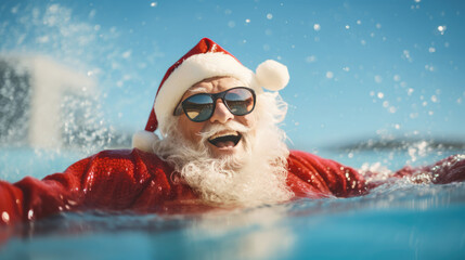 Santa Claus swim and relax in blue transparent pool water. Merry Christmas and Happy New Year travel destinations concept.