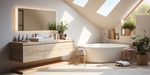 Fototapeta na wymiar Modern Luxury Bathroom with White Bathtub and Sink Generative AI