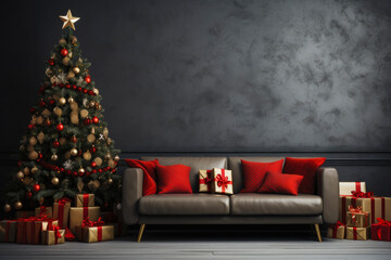 Christmas background with Christmas tree, gifts and sofa against a wall