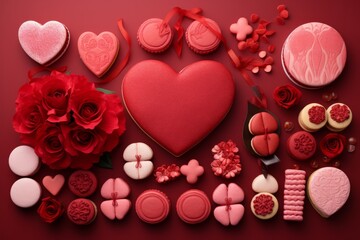 Festive flat lay composition of different sweets, candies, cookies, macaroons and flowers on red background. Valentine's Day 14th February celebration concept. Love letter, postcard. Mockup.