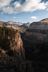 Spectacular view of the Ordesa Canyon and Cotatuero circus from the viewpoints. A summer day in the Pyrenees.