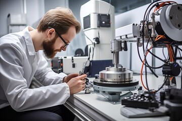 Engineer conducting high-frequency vibration tests on materials, Testing laboratory with specialized equipment for material analysis, Highlight vibration test setups