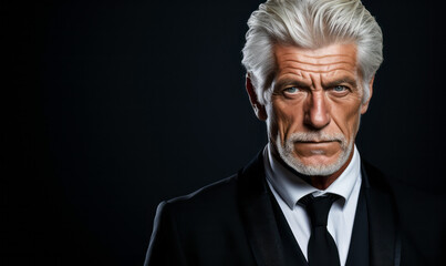 Distinguished senior man with striking silver hair and deep blue eyes, wearing a classic black suit and tie, exudes confidence and experience on a dark grey backdrop
