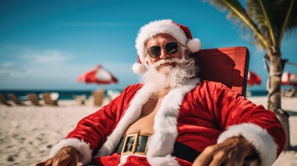 Christmas Santa Claus relaxing on sunlounger at ocean sandy tropical beach under palm leaves. Happy New Year travel destinations to hot countries concept.
