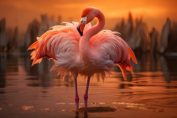 A beautiful flamingo stands in the lake at sunset.