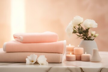 Close-up of towels with scented candles at the spa, in peach fuzz color.
