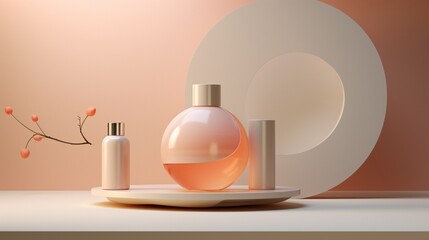 Fototapeta na wymiar An artful display of a single skincare product bottle with a soft peach hue, highlighting the bottle's pristine design and presenting a blank canvas on the label for your custom branding.