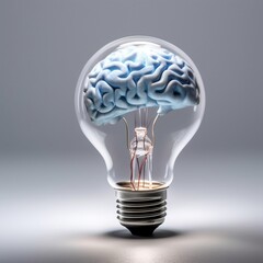 A lightbulb with a glowing brain inside. Conceptual visualization of innovative thinking, the power of intelligence, and idea creation. Birth of a thought. Illustration for varied. Idea concept.