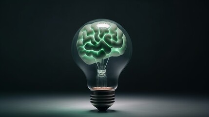 A lightbulb with a glowing brain inside. Conceptual visualization of innovative thinking, the power of intelligence, and idea creation. Birth of a thought. Illustration for varied. Idea concept.