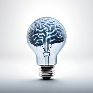 A lightbulb with a glowing brain inside. Conceptual visualization of innovative thinking, the power of intelligence, and idea creation. Birth of a thought. Illustration for varied. Idea concept.
