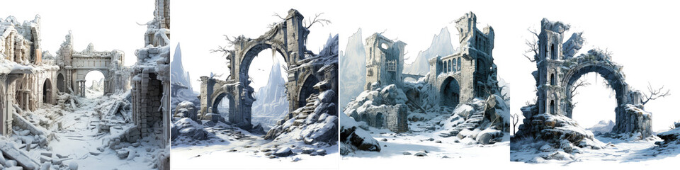 Snow covered ruins Hyperrealistic Highly Detailed Isolated On Transparent Background Png File
