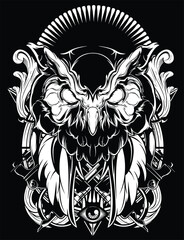 cool simple black and white owl illustration, poster t-shirt screen printing design