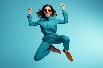 Full length photo of shiny lucky girl dressed brown shirt spectacles jumping high rising fists isolated blue color - obrazy, fototapety, plakaty