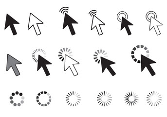  Hand clicking icon sets. Hand Cursor icon. Click icon sets. Mouse pointer sets. Computer mouse click cursor pointer  arrow icons set and loading icons. Vector illustration. - obrazy, fototapety, plakaty