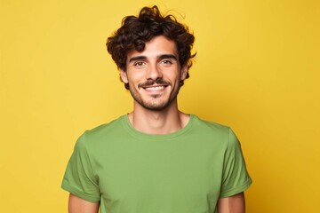 Portrait of young handsome smiling guy wear green t shirt promoting new smartphone website ai service isolated on yellow color