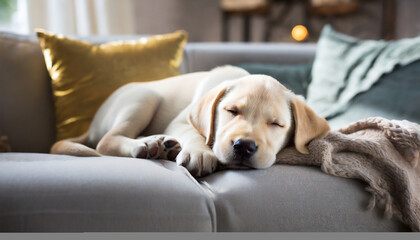 cucciolo cane dorme su divano casa  - obrazy, fototapety, plakaty
