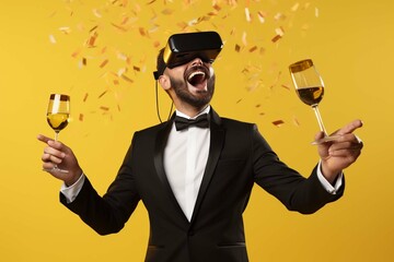 Young butler using virtual reality headset, enjoying 3d simulation on modern headset against yellow background in studio. Catering employee having fun