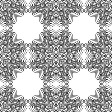 Monochrome ornamental texture with smooth linear shapes, lines, lace pattern. Abstract geometric black and white pattern for web page, textures, card, poster, fabric, textile.
