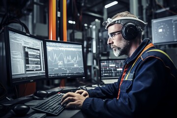 Engineer monitoring vibrations in an industrial setting, Factory floor with machinery capturing vibrations, monitoring equipment and real-time data visualization, Industrial and technical