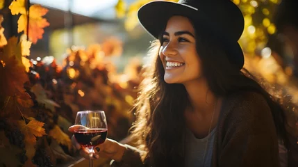 Fototapeten Beautiful girl sips red wine in a vineyard at sunset, Artwork of romantic woman © MdArif