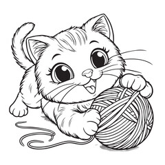 a playful cat chasing a yarn ball with a mischievous expression for the coloring book page