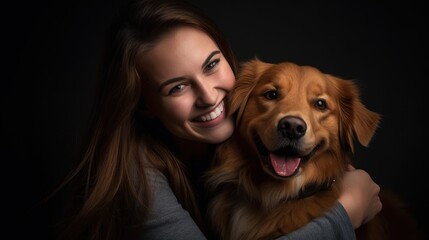 Happy loyal brown furry dog and its female owner as best friends. Close-up studio shot on a dark background.