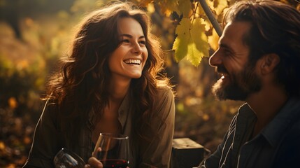 Beautiful girl sips red wine in a vineyard at sunset, Artwork of romantic woman