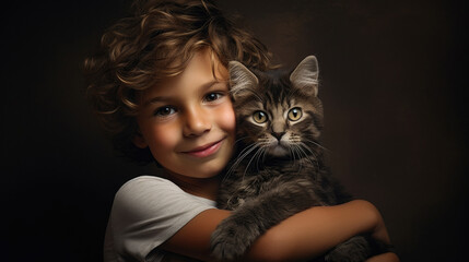 Cute little boy with curly hair and his furry domestic kitty cat friend. Close-up portrait on dark backdrop.