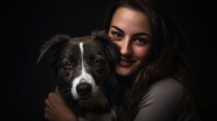 Young happy woman and her loyal furry Border Collie dog. Best friends bonding. Close-up potrait on a dark background.
