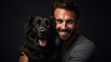 Young happy man and his loyal furry Flat-Coated Retriever dogbuddy. Best friends bonding. Close-up potrait on a dark background.