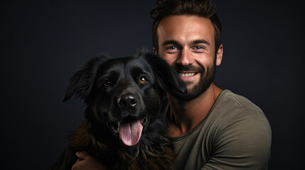Young happy man and his loyal furry Flat-Coated Retriever dogbuddy. Best friends bonding. Close-up potrait on a dark background.