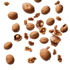 Falling walnuts isolated on white or transparent background