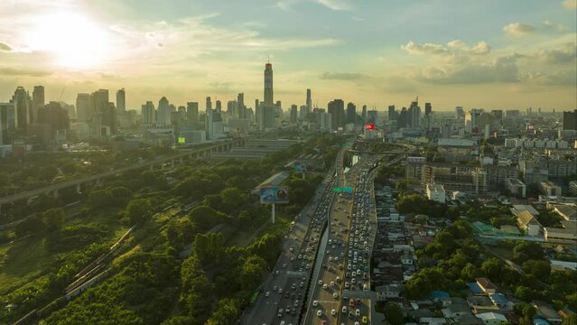 Aerial view Hyper lapse 4k Video of Bangkok city on sunrise at Bangkok, Thailand.