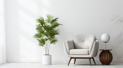 A stylish armchair, a lamp and a large plant against a white wall.