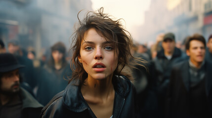 Portrait of a girl during a street riot. focus on the girl, with a crowd of people in the background.