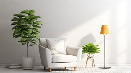 A white armchair, a yellow floor lamp and plants by the window.