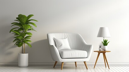 A white armchair, a white lamp and a plant against a white wall.