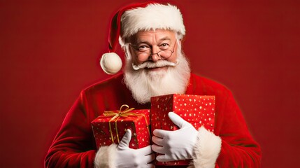 Smiling Santa Claus with Gift Boxes in Festive Christmas Clothing