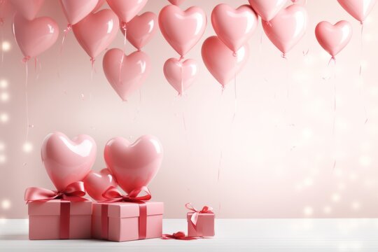 Festive composition of pink gift box wrapped with ribbon and heart-shaped balloons on pink studio background. Valentine's Day 14th February celebration concept. Mockup with copy space.