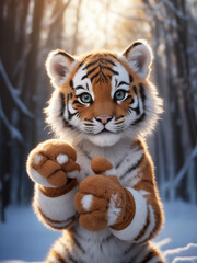 Obraz premium primo piano di simpatica tigre giocattolo in peluche, morbida e dai grandi occhi, sfondo con ambientazione invernale - Generative Ai