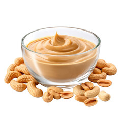 Glass bowl of peanut butter and peanuts around isolated on white or transparent background