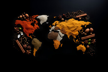 The world map is made of spices. A creative solution. Black Background. copy space