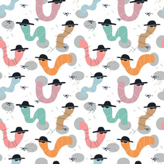 Worm seamless pattern. Kids funny pattern with   arthworm for textile design.