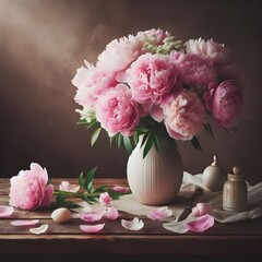 Pink Peonies in White Vase on Rustic Wooden Table with Copy space