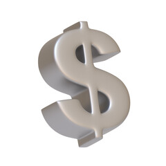 Silver dollar sign isolated on white background. 3D icon, sign and symbol. Cartoon minimal style. 3D Render Illustration