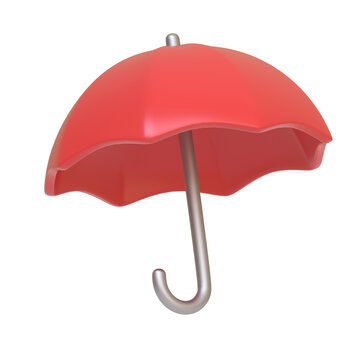 Red umbrella isolated on white background. 3D icon, sign and symbol. Cartoon minimal style. 3D Render Illustration