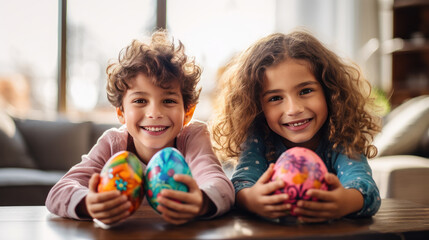 Fototapeta premium Portrait of two children holding painted Easter eggs