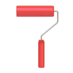 Red paint roller isolated on white background. 3D icon, sign and symbol. Cartoon minimal style. Front view. 3D Render Illustration